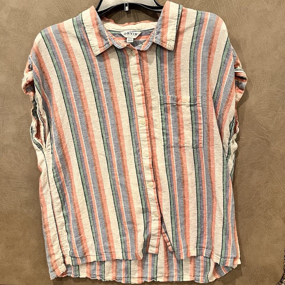 Orvis Linen Blend Shirt Womens Large Colorful Button Up Sleeveless Striped‎ Top